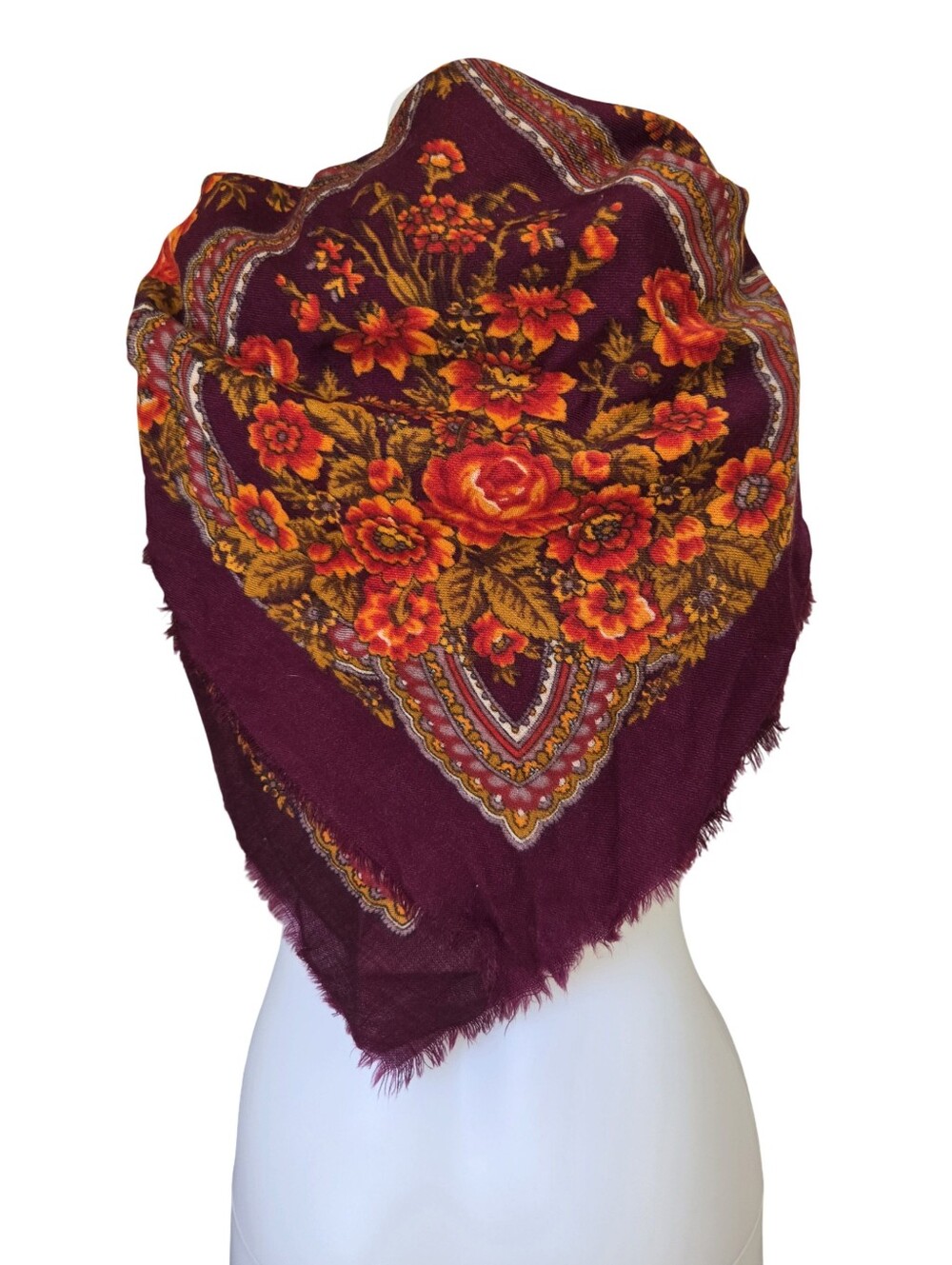 Floral Square Scarf Purple Orange Wool Feel Raw Hem Fall Colorful